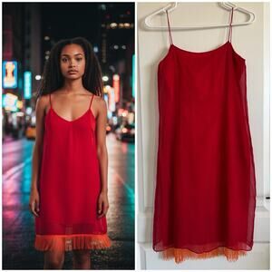 Y2K Vintage Silk Red Beaded Hem Harolds Slip Dress Size 2